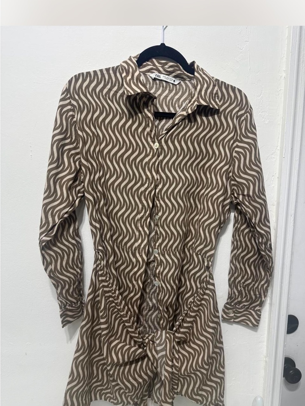 Zara Brown & Cream Wave-Pattern Button-Down Dress